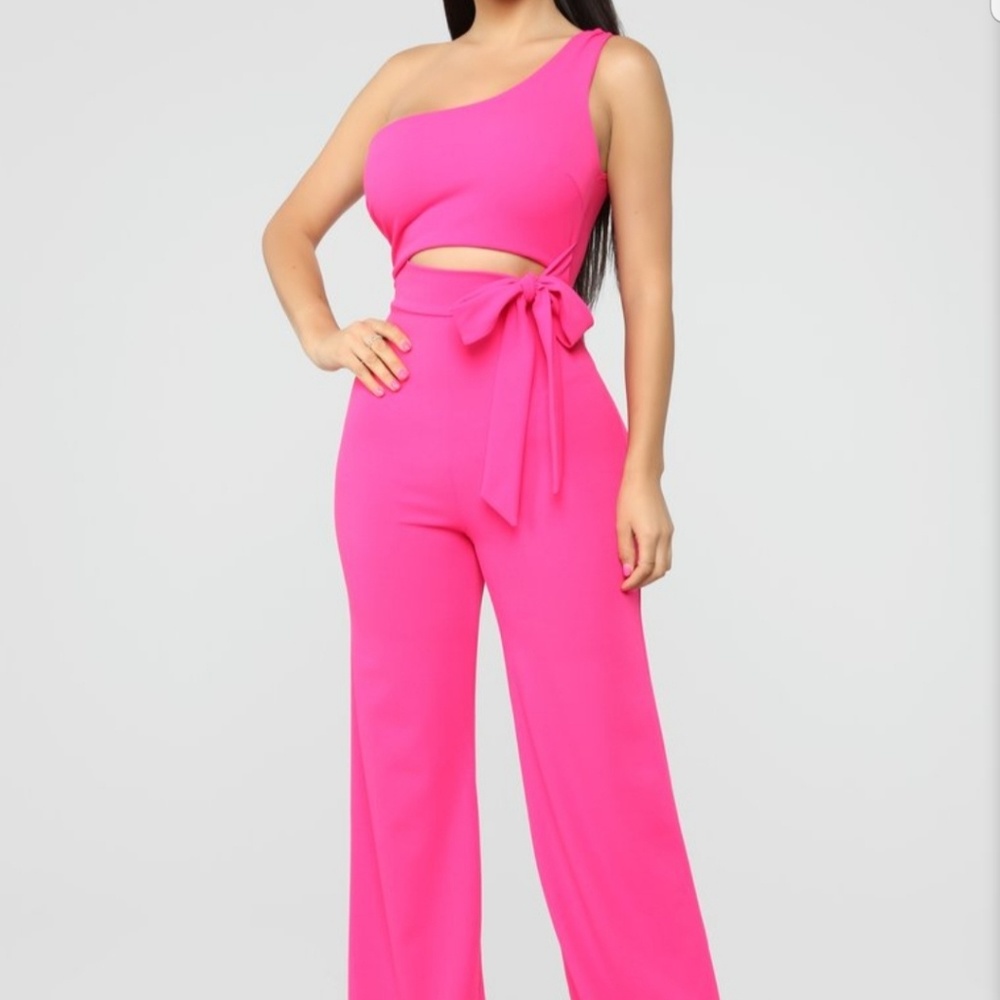 One Shoulder Wide Leg Fuschia Jumpsuit